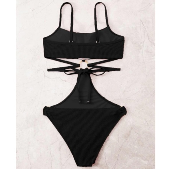 Boho black gold chain detail cutout monokini swimsuit - Picture 2 of 7